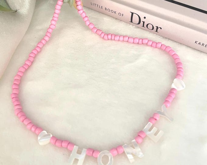 Custom Seed Bead Name Necklace: Mother of Pearl Initial Choker