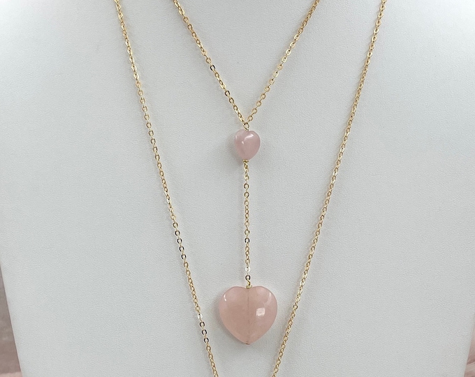 Rose Quartz Necklace, heart lariat, Lariat necklace, gold lariat necklace, silver lariat necklace, Rose Quartz Heart