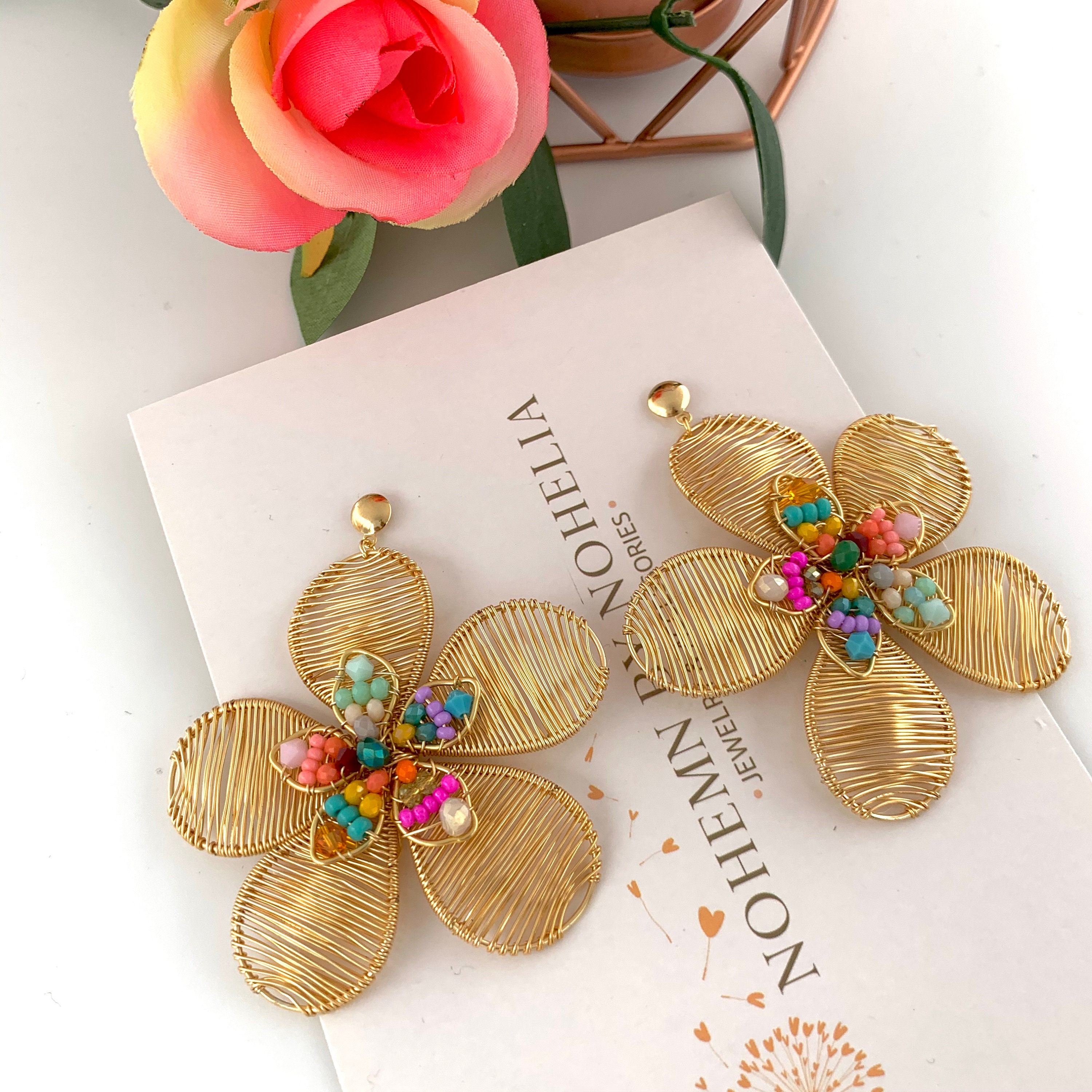 Big Flower Earrings Flower Drop Earrings Flower Statement Earrings