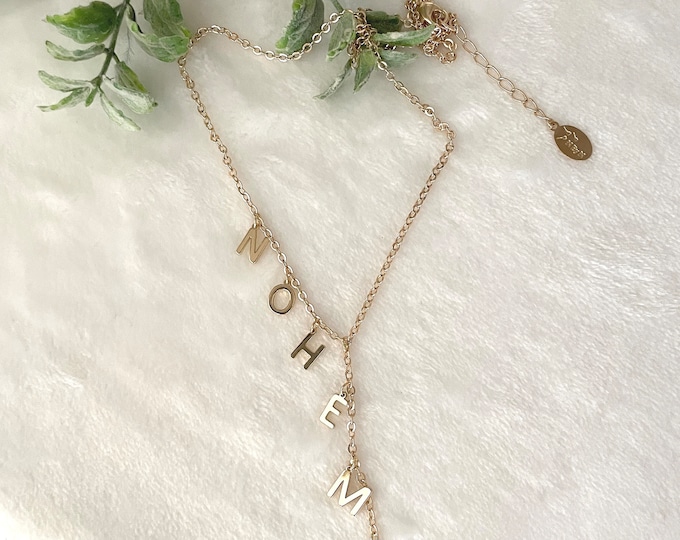 Custom Name Lariat Necklace, Hanging Name Necklace, Lariat Name Necklace, Tiny Letter Necklace, Lariat Necklace, Waterfall Name Necklace