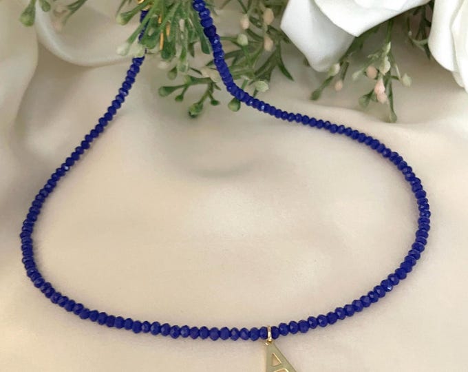 Navy blue necklace, Initial necklace, Custom letter necklace, Letter charm necklace, Gold letter necklace, Dainty crystal bead necklace
