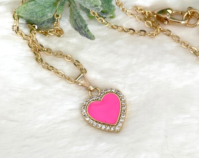 Pink heart pendant, Dainty Heart Necklace, small heart necklace, 18k gold plated chain, enamel heart charm, neon pink heart, gift for her