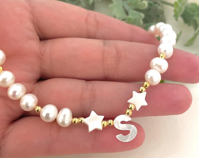 Custom Initial Pearl Choker: Mother of Pearl Letter Necklace