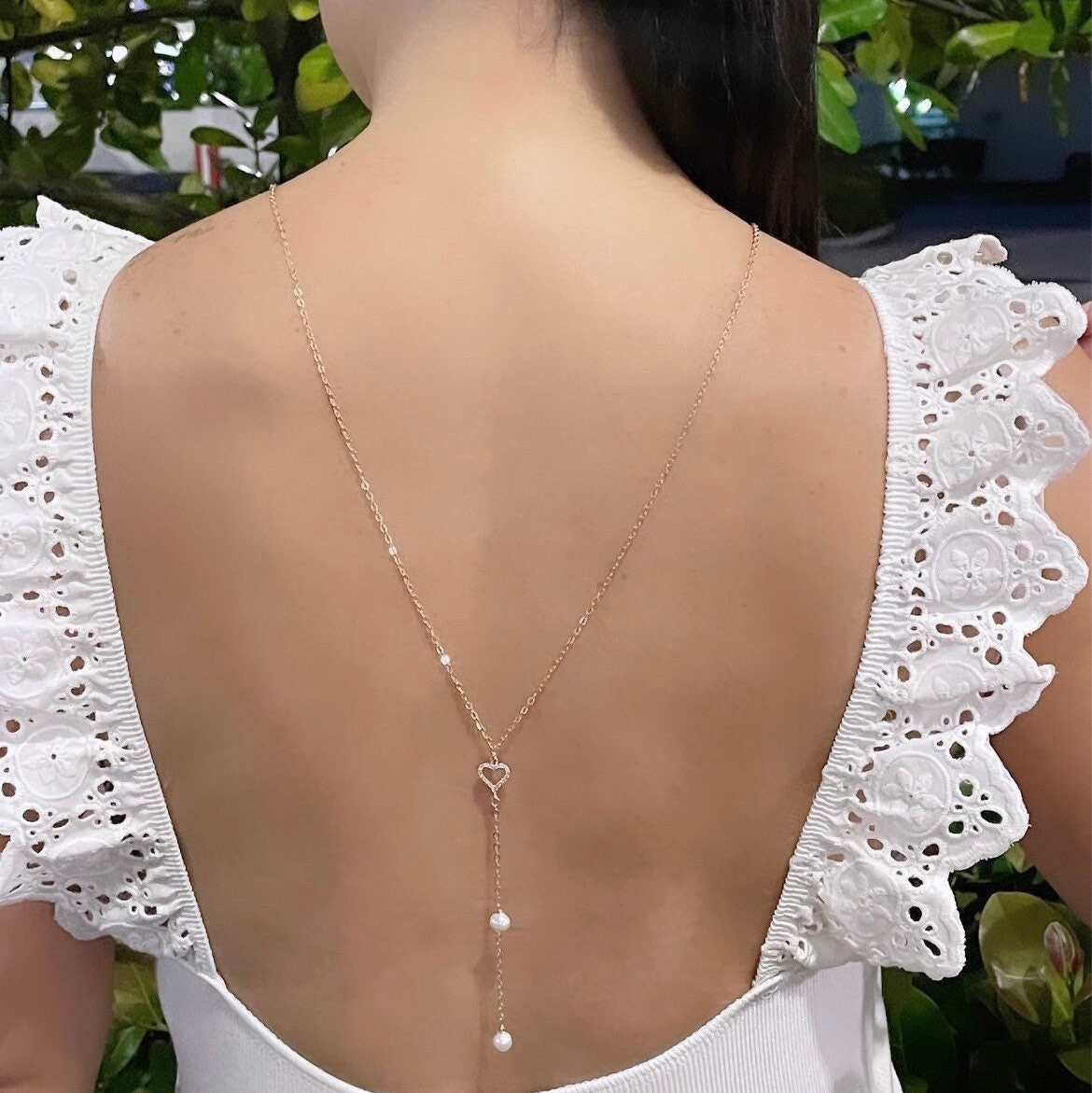 Leaf & Bead Decor Back Necklace | Wedding Leaf Necklace| Backdrop Leaf Necklace  Pearl – Katou Jewelry