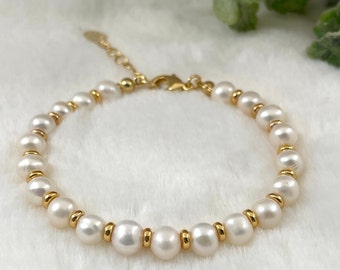 Dainty Freshwater Pearl Bracelet: 18K Gold Plated Beaded Bridal Jewelry