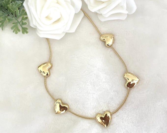 18K Gold Plated Chunky Heart Necklace, Short Puffed Heart Charm