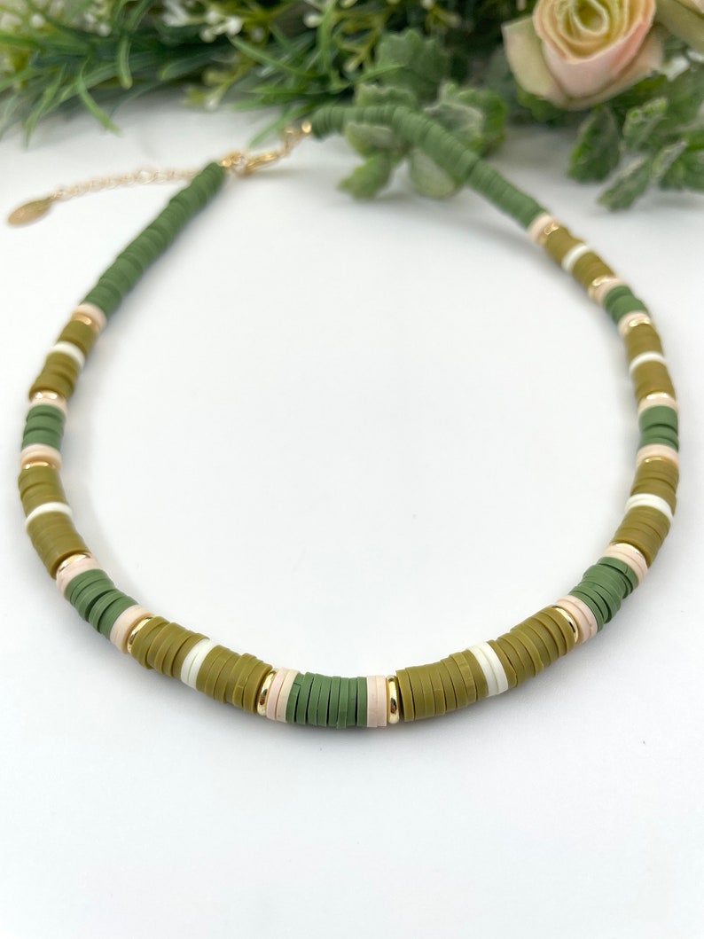 Heishi Bead Necklace Women, Polymer Clay Necklace, Polymer Bead Necklace, Vinyl Heishi Beads, Green Polymer Necklace, Simple Beaded Necklace #1 Green