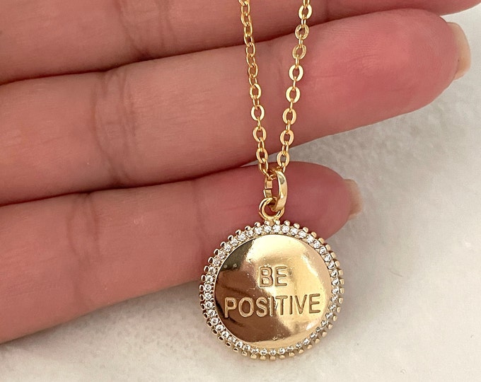 Be Positive necklace, positive thinking, dainty inspirational quote charm necklace, motivational positive word necklace, positive charm