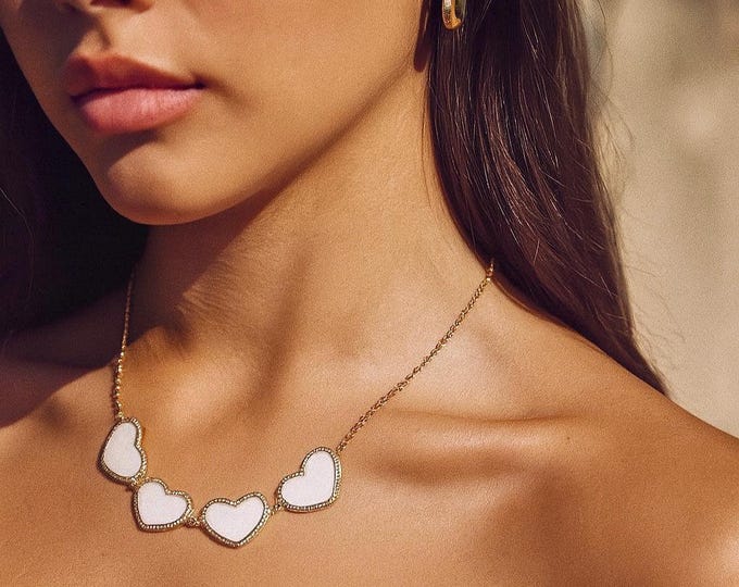 White enamel heart necklace, Pave diamond heart necklace, Big heart charm, Chunky heart necklace, Enamel heart charm necklace