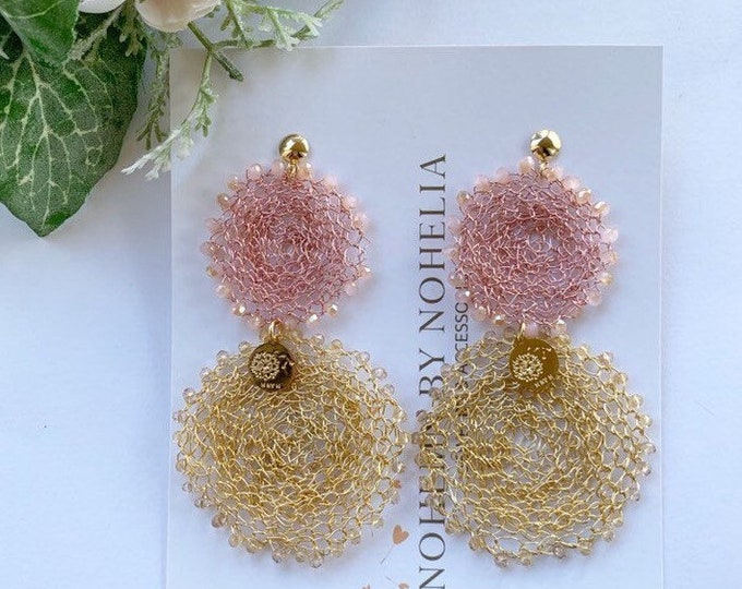 Big lightweight earrings, crochet wire earrings, delicate dangle earrings, bride gift from mom, rose gold bridal earrings, gift for her