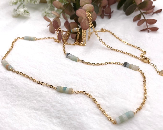 Amazonite bead necklace, Dainty gemstone necklace, natural stone statement necklace, throat chakra necklace, prosperity necklace.