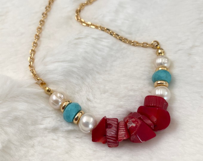 Coral and Turquoise Necklace, Natural Red Coral Necklace, Natural Freshwater Pearl Necklace, Pearl and Coral Necklace, Red Necklace