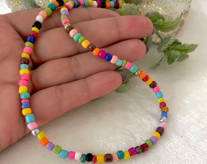 Rainbow Beaded Necklace, Multicolor Seed Beads, Colorful Seed Bead Choker, Summer Beach Necklace, Boho Layering Jewelry, Gift for Her