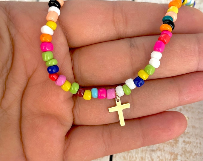 Tiny cross necklace, multicolor necklace, dainty cross necklace, Seed bead choker, small cross necklace, boho beaded necklace, beach choker