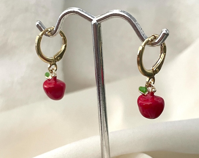 Apple Earrings Hoop, Apple Earrings, Earrings Dangle Fruit, Fruit Huggie Hoop Earrings, Teacher Hoop Earrings, Dangle Apple Earrings