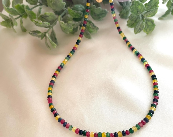 Tiny Faceted Gemstone Beaded Necklace, Dainty Agate Gemstone Necklace, 18K Gold Plated Bead Choker