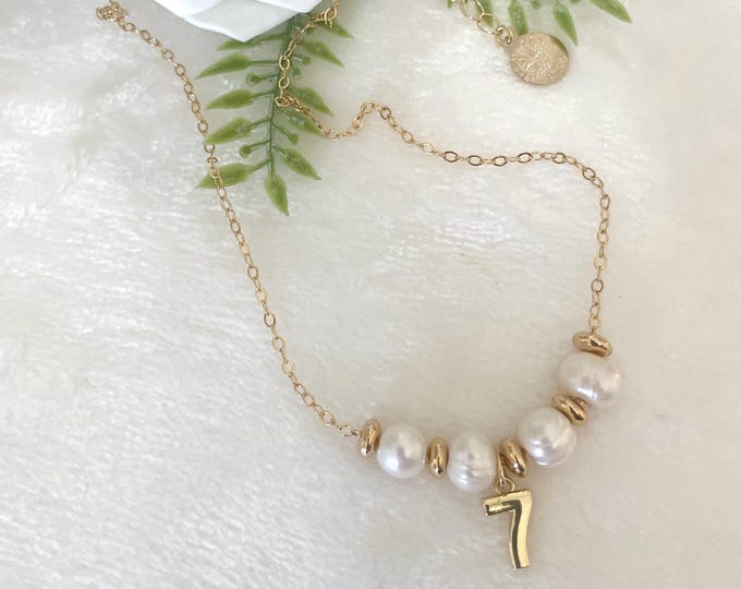 Freshwater Pearl Necklace with Gold Number Charm, 18K Plated Chain, Dainty Personalized Pendant