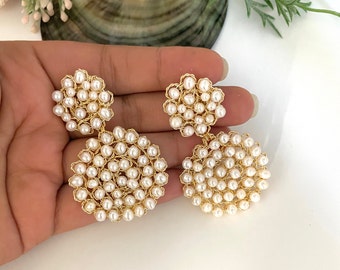 Long circle drop earrings, Freshwater pearl earrings, Natural pearl earrings, Unique pearl earrings, Pearl statement earrings, Fine earrings