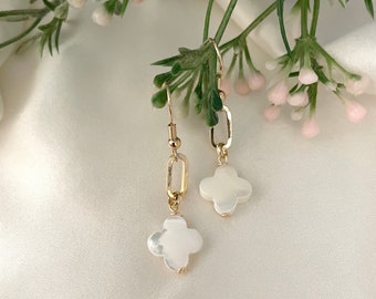 Mother of Pearl Clover Earrings: 18K Gold Plated, Delicate Flower