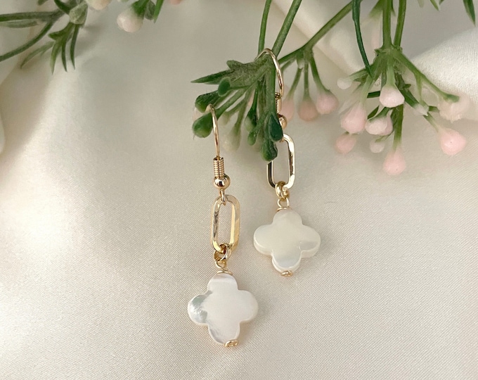 Four Leaf Clover earrings, Mother of Pearl earrings, flower earrings, delicate earrings gold, birthstone earrings, gemstone earrings