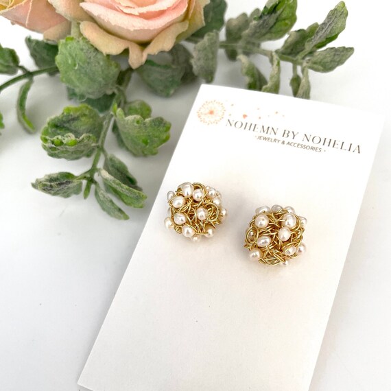 Boucles D’oreilles Trèfle Plaqué Or – Perles D’eau Douce – Style Goujon – Bijoux Femme