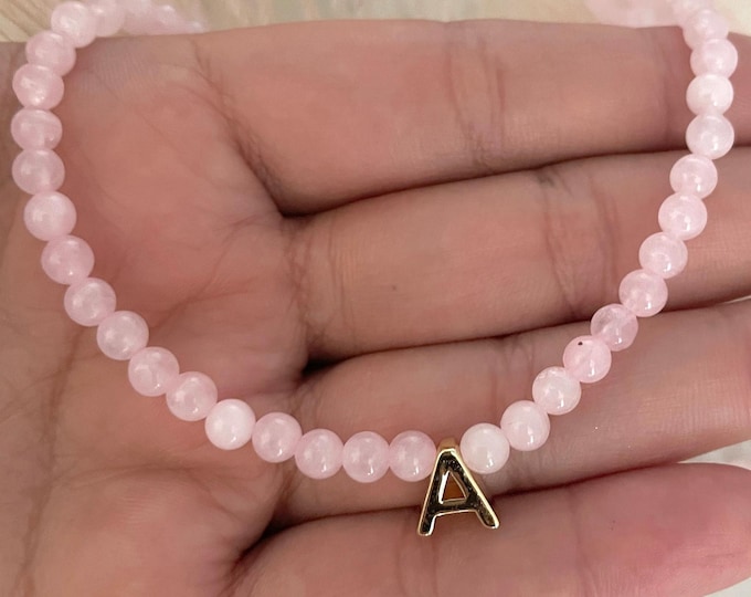 Rose Quartz Necklace, Birthstone Gem with Initial Necklace, Personalized Initial Birthstone Necklace, Initial Necklace With Stones