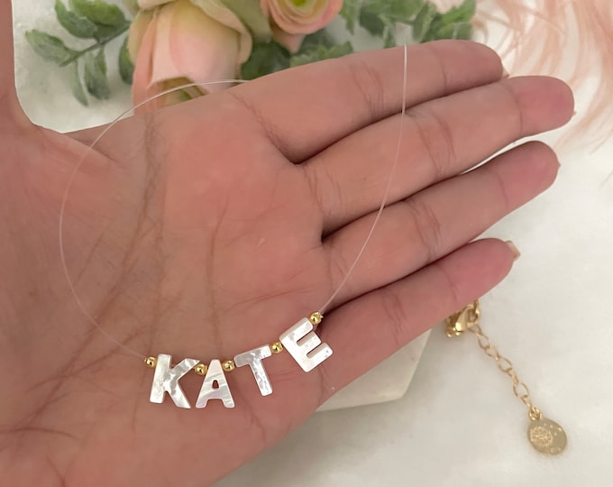 Mother of Pearl initial letter necklace, Personalized name necklace, Transparent fishing nylon thread, Custom name necklace, Necklace name