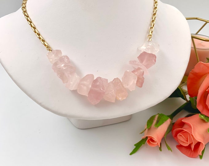 Raw Rose Quartz necklace, raw stone necklace, natural rose quartz necklace, large rose quartz, raw crystal necklace, mindfulness gift.