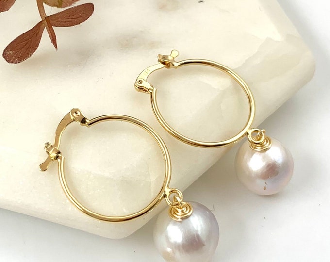 Pearl hoop earrings, thin gold hoops earrings, small pearl hoop earrings, hoop earrings with charm, gold plated hoops, huggie hoop