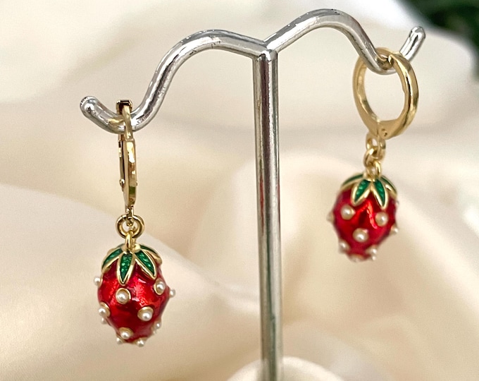 Strawberry Hoop Earrings: 18K Gold Plated, Enamel Charm