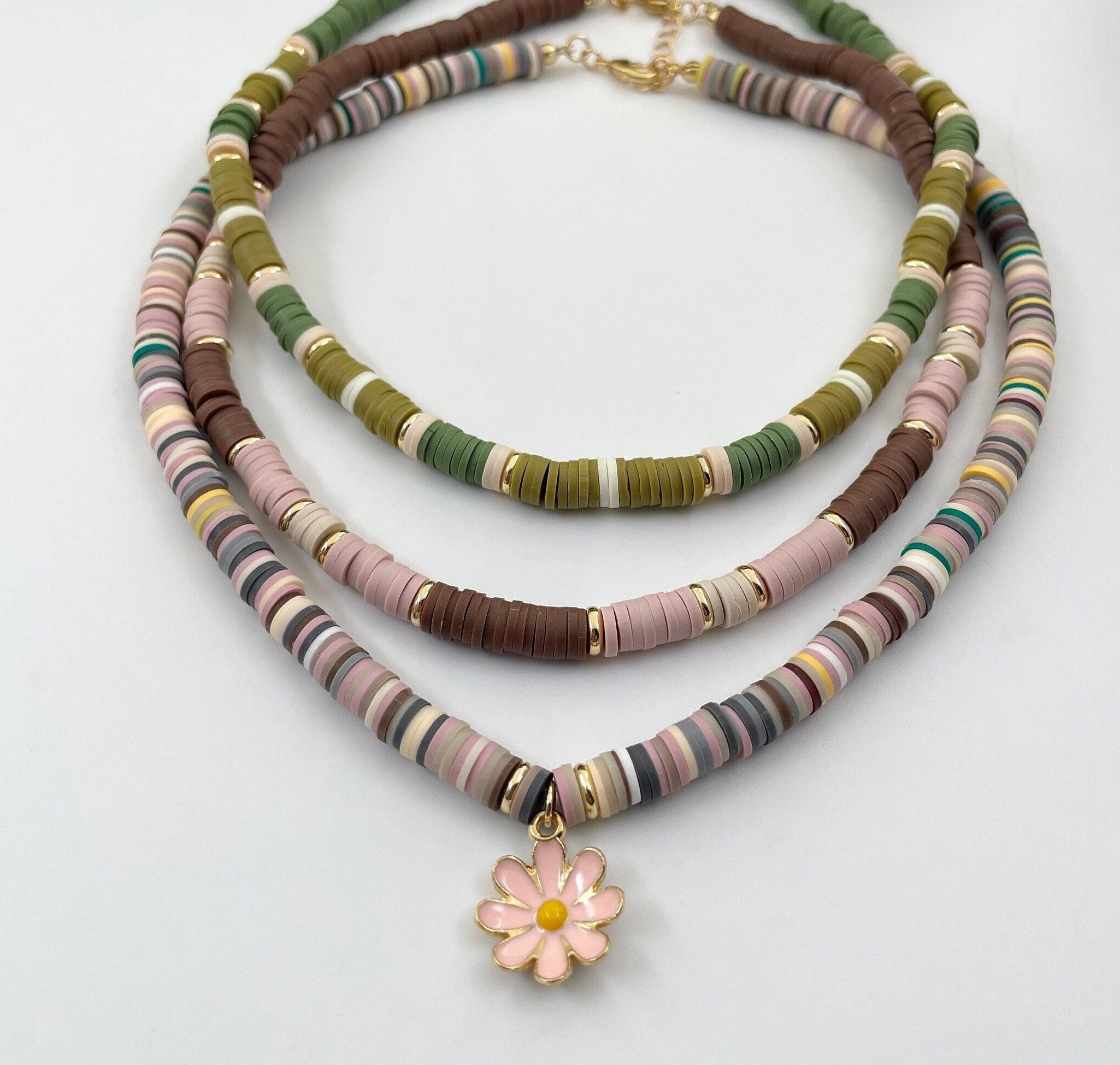 Disc/flat Round Polymer Clay Beads Necklace, Gemstone Agate, Necklace  Heishi Beads, Boho Necklace