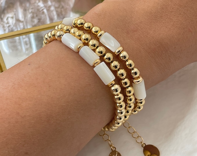 Gold Bead Bracelet, Beaded ball Bracelet, Delicate Stacking, mother of pearl bracelet, Stretch Fit Bracelets, Elastic Gold Beaded Bracelet