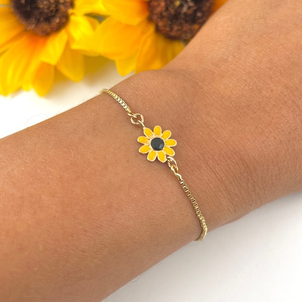 Gold Sunflower Bracelet: Enamel Flower Charm, Adjustable Delicate Bracelet