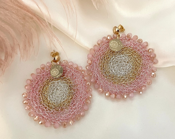 Handmade crochet earrings, Wire crochet jewelry, boho bride earrings, modern earrings unique, rose gold statement earrings, prom earrings