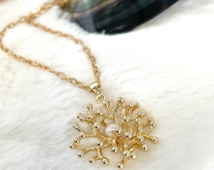 Long gold pendant necklace, Coral necklace for women, Beach wedding necklace, Gold branch necklace, Coral and pearl necklace, Gift for her