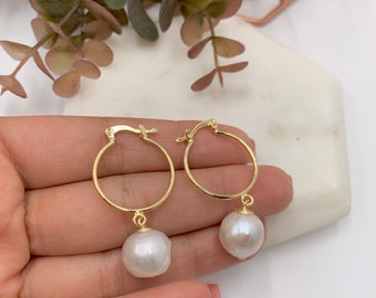 Pearl hoop earrings, thin gold hoops earrings, small pearl hoop earrings, hoop earrings with charm, gold plated hoops, huggie hoop