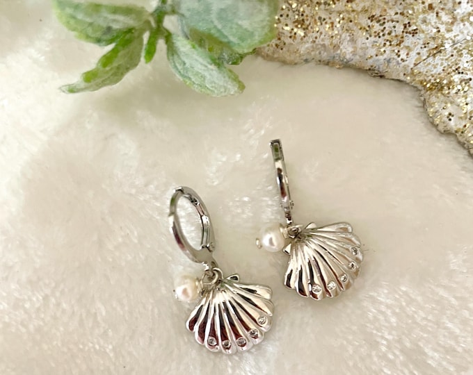 Shell Pearl Hoop Earrings, Rhodium Plated Huggie Earrings, Freshwater Pearl Earrings, Cubic Zirconia Shell Charm, Beach Jewelry Gift for Her