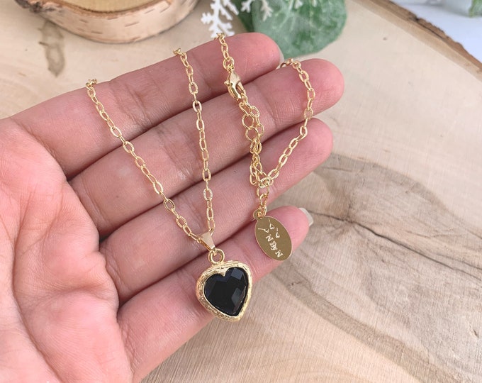 Tiny heart necklace, black heart bead, short chain necklace, layered delicate necklace, little heart necklace, dainty heart necklace.
