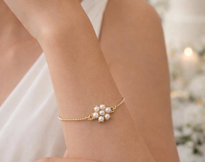 Pearl Flower Bracelet, Gold Plated Adjustable Floral Bracelet