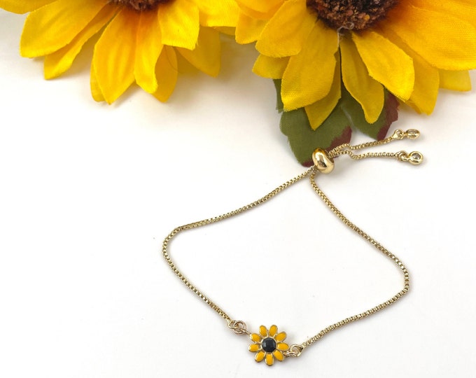 Sunflower Bracelet | Enamel Flower Charm | Adjustable Delicate Bracelet