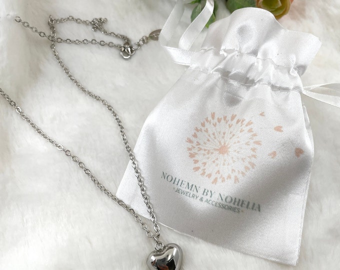 Puffy Heart Necklace: White Gold Plated Silver Charm