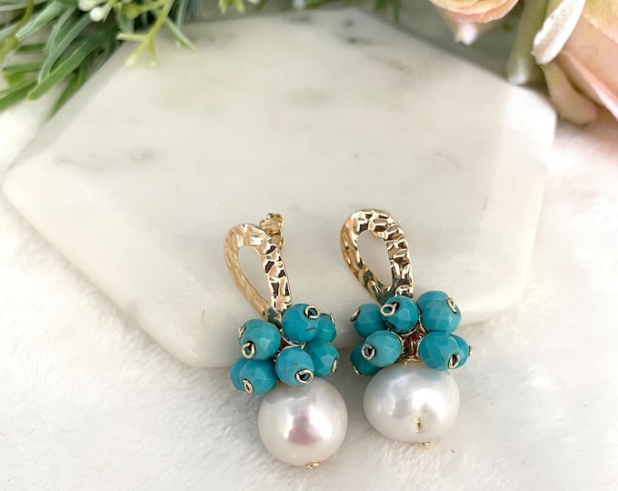 Turquoise statement earrings, Genuine turquoise earrings, long pearl drop earrings, freshwater pearl earrings, turquoise and pearl earrings