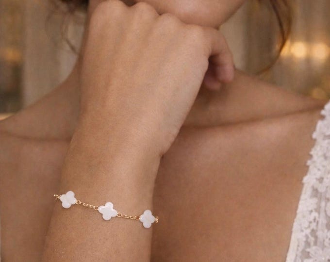 Mother of Pearl Clover Bracelet: 18K Gold Plated Delicate Charm