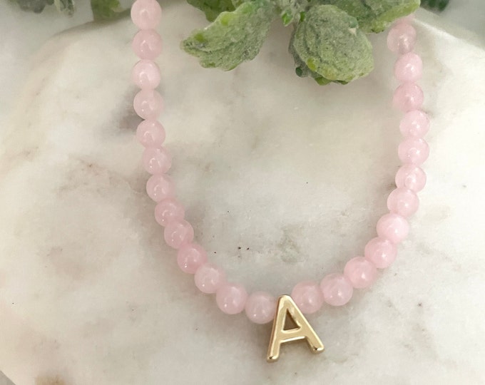 Rose Quartz Necklace, Birthstone Gem with Initial Necklace, Personalized Initial Birthstone Necklace, Initial Necklace With Stones