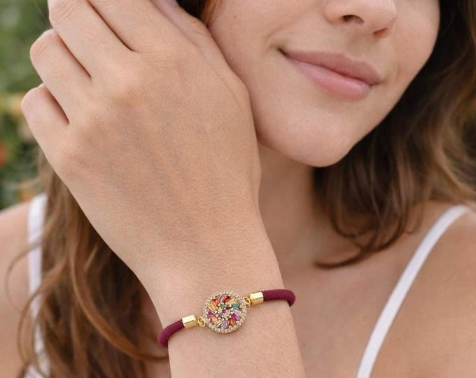 Burgundy Cord Bracelet, Cubic Zirconia Bracelet, Multicolor CZ Charm Bracelet, Burgundy Gift Bracelet for Her