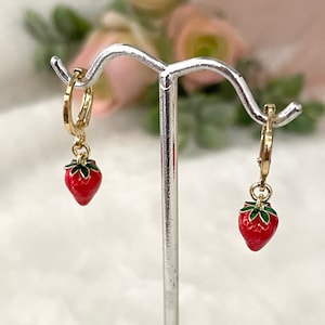 Strawberry Hoop Earrings: 18K Gold Plated, Enamel Charm