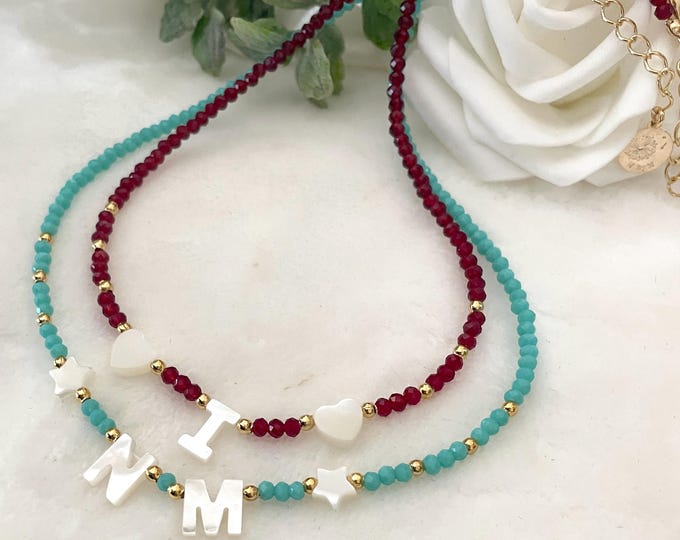 Personalized Mother of Pearl Initial Necklace, Crystal Beads, Gold Accents