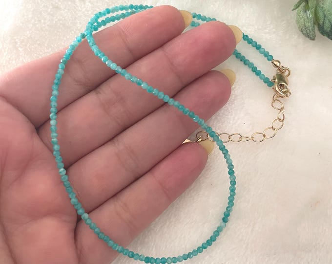 Amazonite Necklace 2mm, Teal Gemstone Beaded Necklace, Dainty Minimalist Necklace, 18K Gold Plated, Layering Necklace for Women
