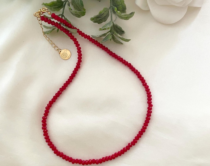 Red agate necklace, tiny red necklace, tiny gemstone necklace, red stone necklace, dainty bead necklace, agate choker, Xmas necklace