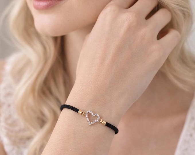 Dainty Black Cord Bracelet, Cubic Zirconia Heart, Gold Plated